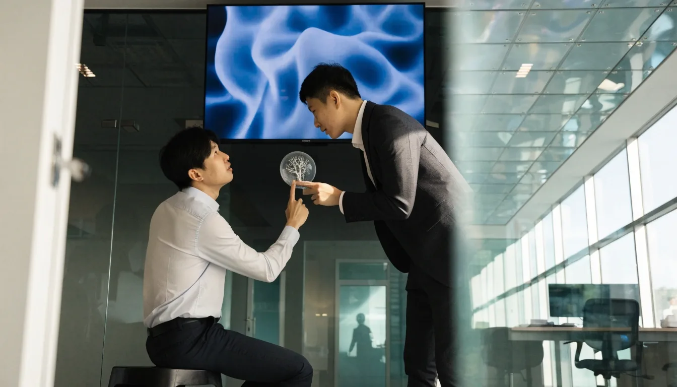 AI 기술 분석 회의에서 모델 구조 자료를 함께 검토하는 분석가들