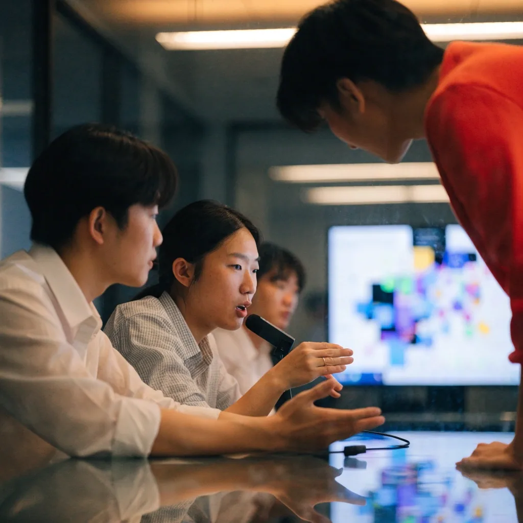 멀티모달 시연을 검토하는 제품 팀 회의 장면